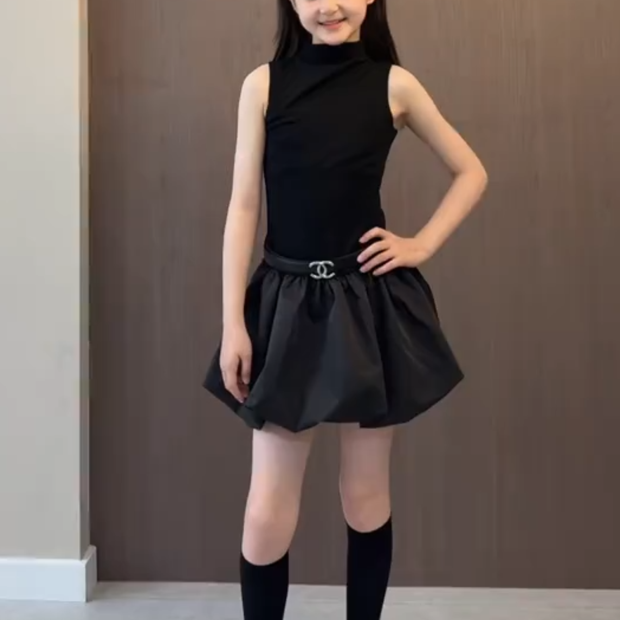女童夏季黑色无袖背心连衣裙显瘦百搭中大童韩系显瘦花苞裙小清新