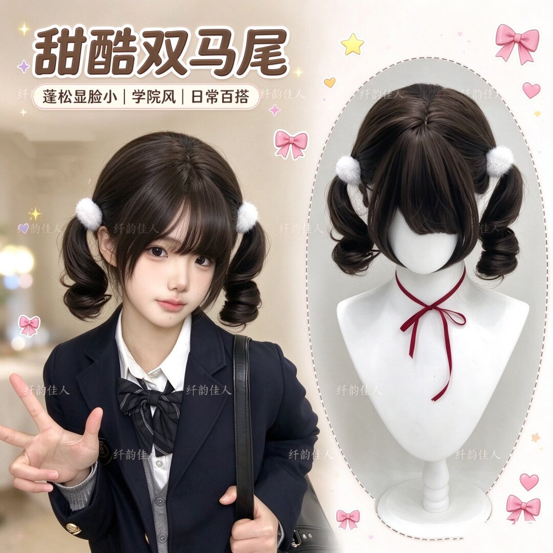【萌妹卷卷】纤韵佳人假发女短卷发双马尾甜美Lolita修脸JK全头套