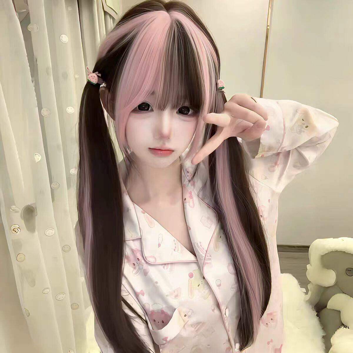 纤韵佳人假发女洛丽塔草莓巧克力60cm巧克力挑染粉网红少萝jk