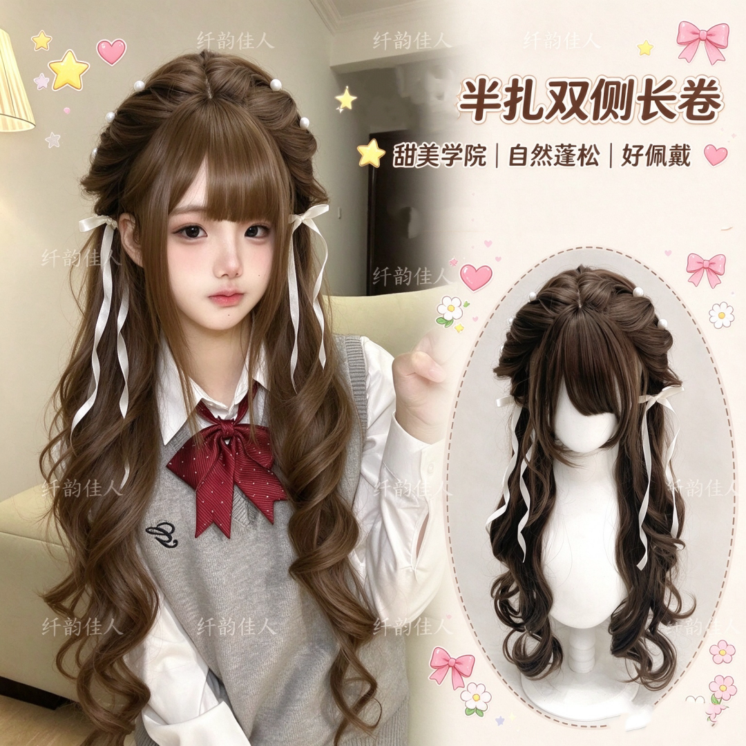 【甜美辫扎好发出】纤韵佳人假发女古早感蜜茶色80cm长卷发全头套