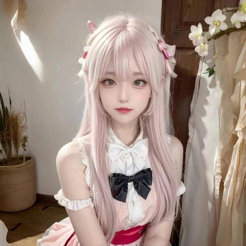 纤韵佳人玫瑰粉色假发女长发甜美可爱全头套式中长直发仿真假发套