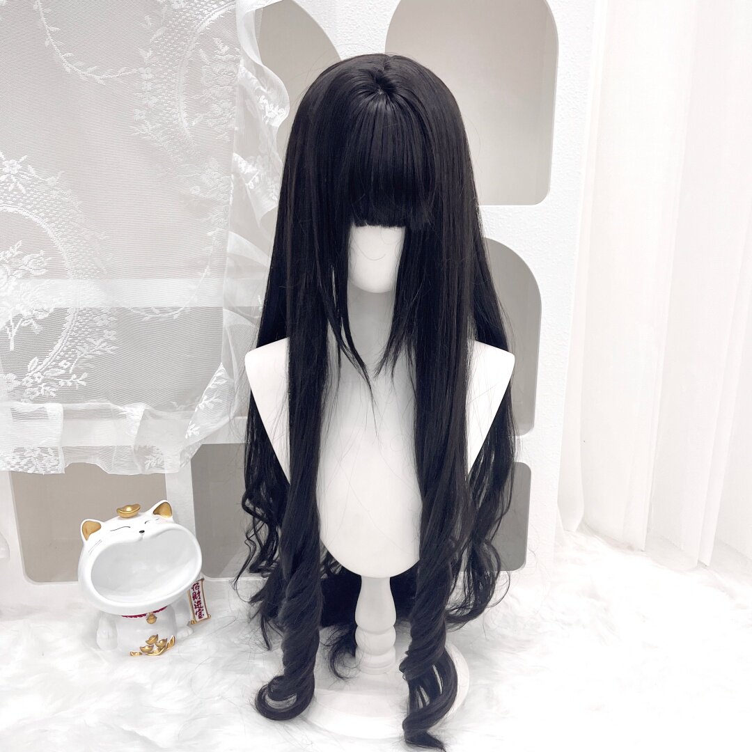 纤韵佳人假发女75cm长卷发自带鬓角黑色日常齐刘海Lolita少萝假发