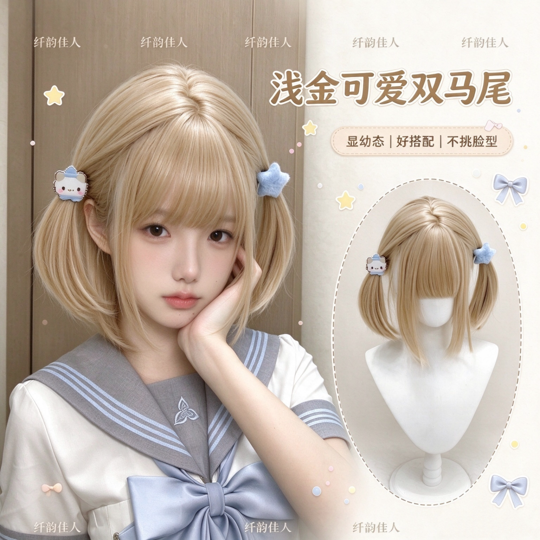 纤韵佳人短发假发女lolita白金色波波头减龄可爱双马尾日常全头套