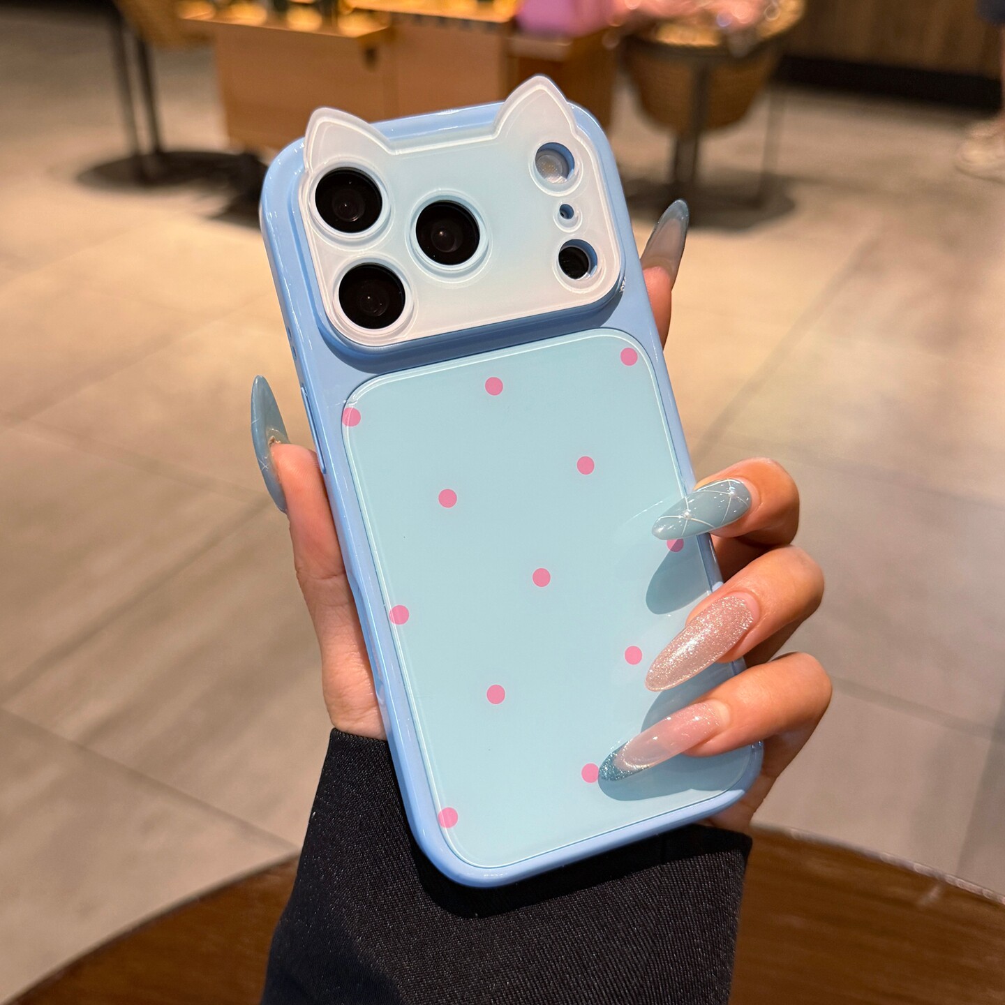 猫耳朵秒变大视窗适用iPhone17pro手机壳苹果18promax新款淡蓝色波点16巨好看13高级感14P可爱网红女15保护套