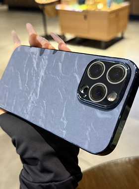 蓝色绒布皮纹适用iPhone16手机壳苹果15promax新款雪山纹14自带镜头膜por全包防摔12简约高级感13pro保护套男