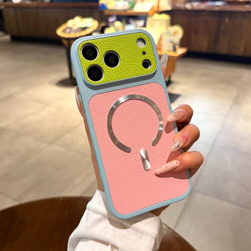 荔枝皮纹秒变17适用iphone17promax磁吸手机壳苹果16pro新款蓝绿粉拼接撞色14PM全包13情侣高级15保护套男女