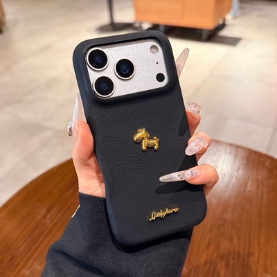 高级感黑色荔枝纹皮质适用iphone17手机壳17promax苹果16pro马年2026新款立体金马15超火13情侣14保护套男女