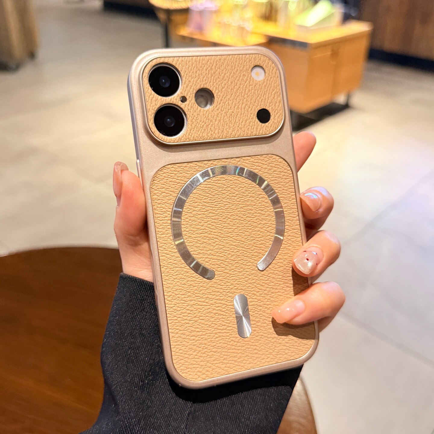 卡其色荔枝皮纹适用苹果17promax手机壳iphone17新款15磁吸16pro秒变大视窗13情侣14高级12男女Magsafe保护套