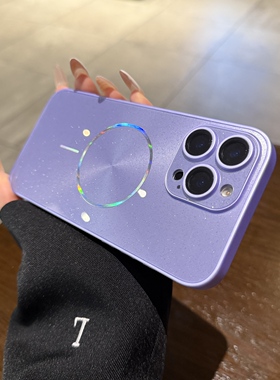 镭射极光CD纹适用苹果16手机壳磁吸iphone15promax新款紫色14pro全包带镜头膜12高级13闪粉11女Magsafe保护套