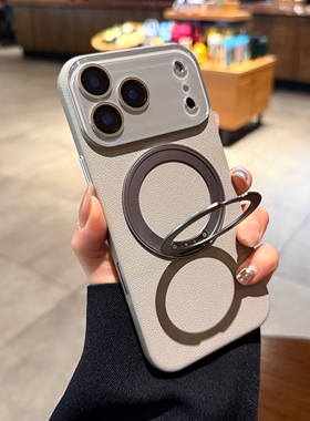 适用苹果17promax手机壳iphone16pro带旋转磁吸支架Air镜头膜全包15新款13钛灰色荔枝纹14女12Magsafe保护套