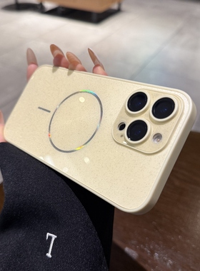 奶黄色镭射极光CD纹适用苹果16promax手机壳磁吸iphone15新款闪粉14pro全包镜头膜12高级13女Magsafe保护套11