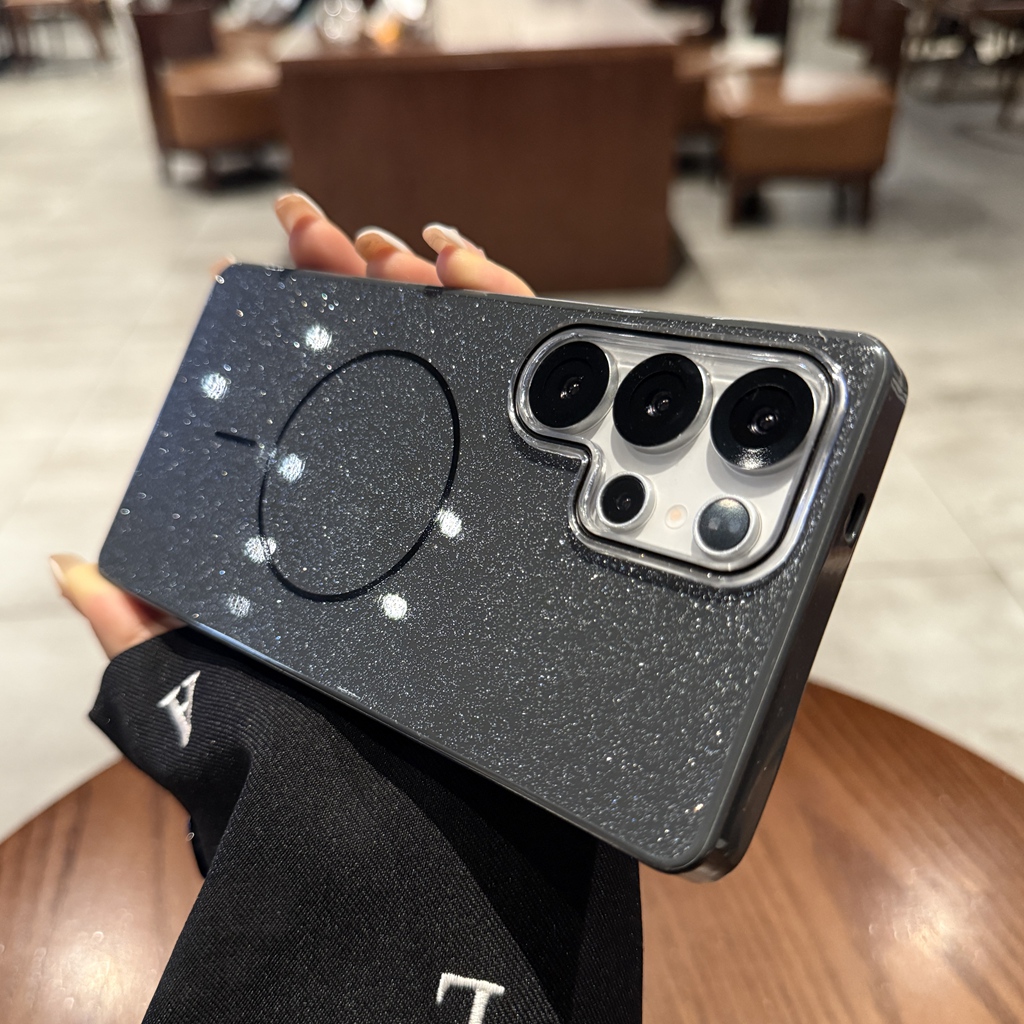 星空黑闪粉适用三星GalaxyS25ultra手机壳三星S24ultra新款细圈磁吸充电S23ultra硅胶防摔外壳s25u纯色保护套