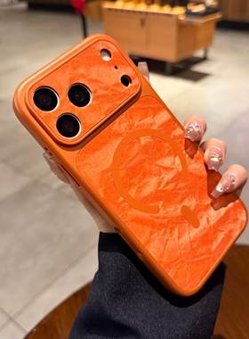 橙色雪山纹绒布皮适用iPhone17promax磁吸手机壳苹果16pro秒变17大视窗镜头14全包相机按键15PM高级13保护套