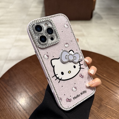 新款香芋紫闪粉镶钻适用iPhone16promax手机壳KT猫15pro苹果14卡通可爱女plus镜头膜全包13PM保护套轻奢高级
