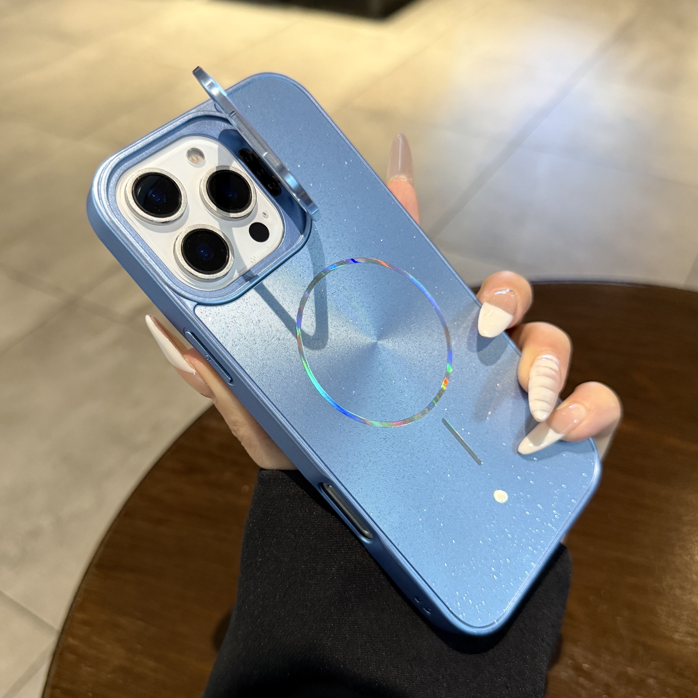 闪粉蓝色极光镭射CD纹适用iPhone16pro手机壳镜头支架15pro苹果14promax新款细圈Magsafe磁吸13男女12P保护套
