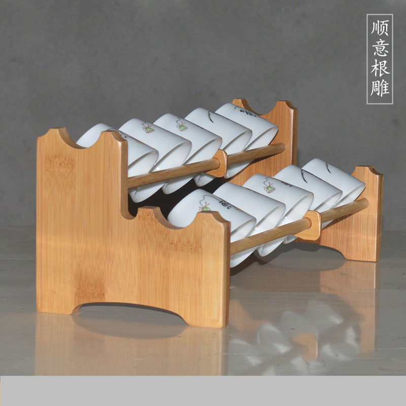 功夫茶道茶杯架托盘竹制茶杯架子茶具收纳沥水架双层茶杯杯架套装