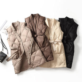 秋冬羽绒服马夹女中长款腰带收腰显瘦白鸭绒V领时尚马甲中等