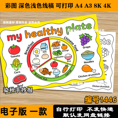 my healthy plate手抄报模板三年级英语健康餐盘半成品A3A4线稿