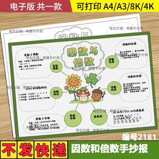 因数与倍数思维导图手抄报模板电子版五年级下册第二单元黑白线稿