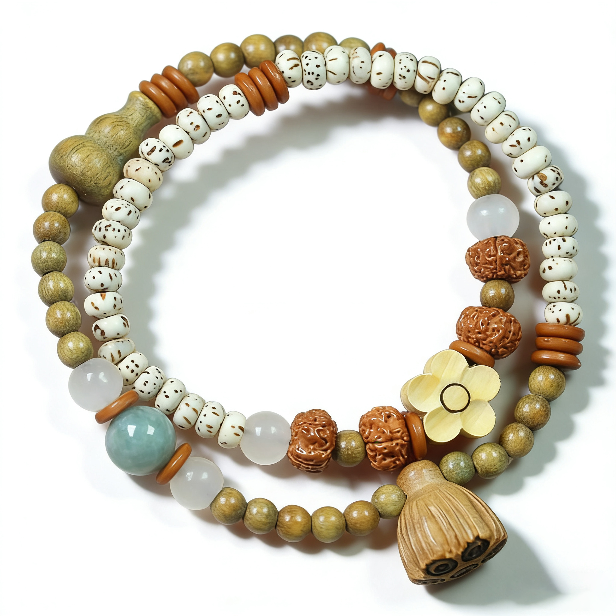 转运葫芦绿檀檀香木国风双圈手串念珠花朵金刚星月佛珠手链女士