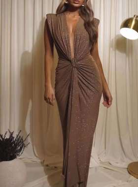 2024欧美亚马逊速卖通闪光面料深V高档连衣裙YKM091504聚酯纤维