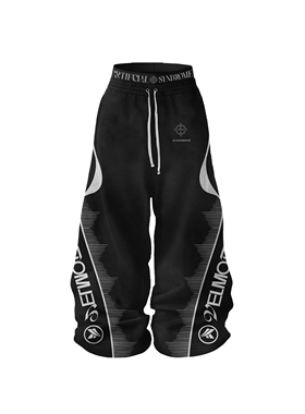 ARTS黑色重磅美式潮流假两件双腰头刺绣男女宽松休闲阔腿宽版卫裤