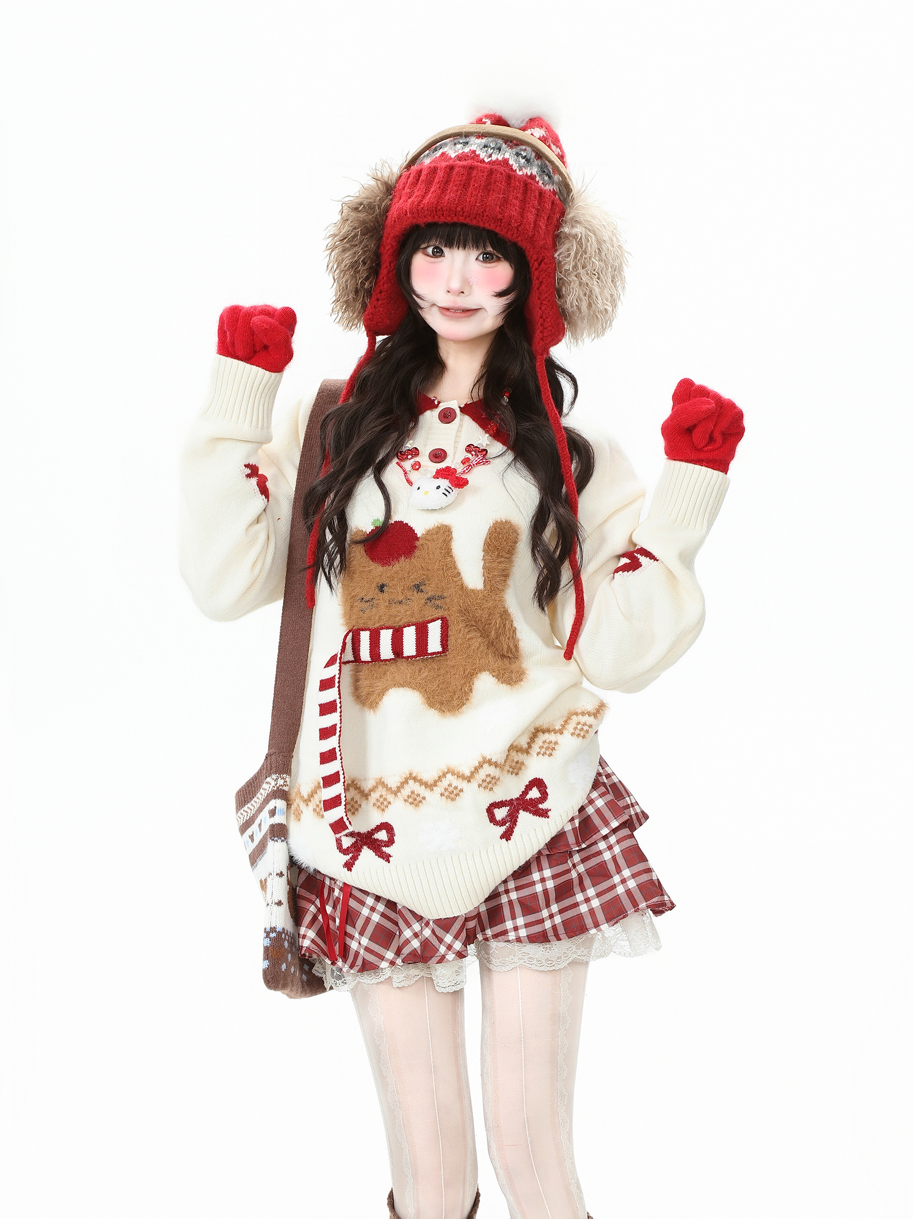 Kitten Fair Isle Sweater Christmas Red Knitted Sweater Women's Lazy Top