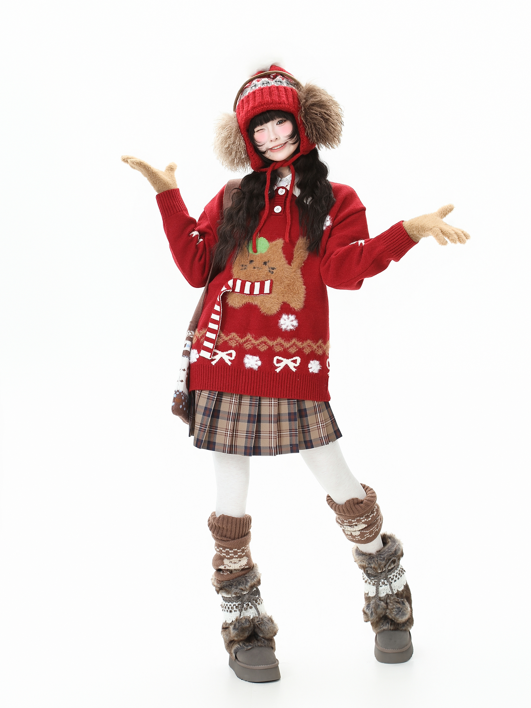 Kitten Fair Isle Sweater Christmas Red Knitted Sweater Women's Lazy Top