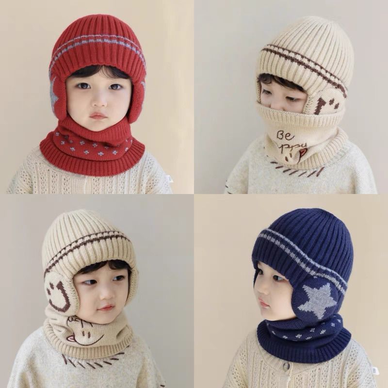 儿童帽子围脖二件套秋冬男童加绒护耳帽女童加厚保暖毛线宝宝套帽