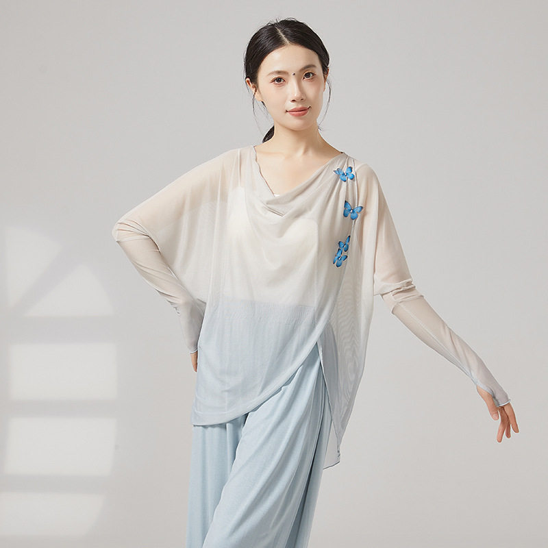 古典舞渐变身韵蝴蝶喇叭袖纱衣练功服中国舞民族舞蹈服上衣女