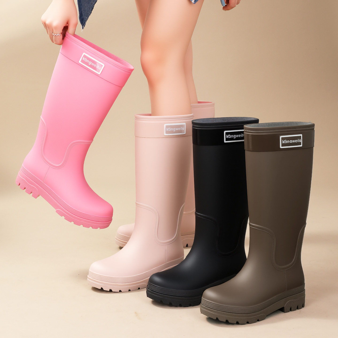 日韩加绒时尚厚底PVC防滑高筒雨鞋 户外通勤长筒平口女士靴子雨靴