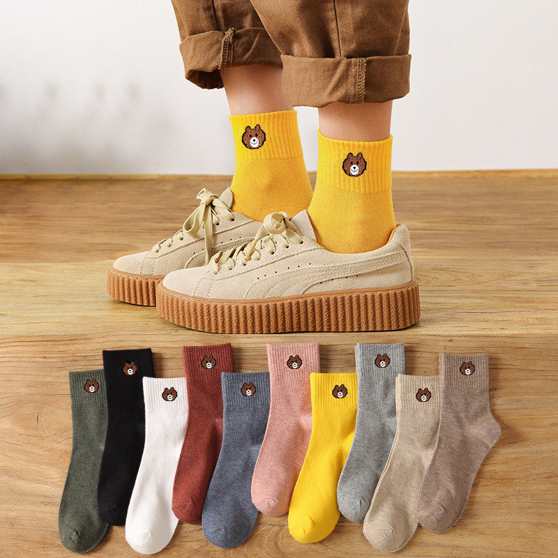 10/20双装小熊袜短袜短筒中筒秋夏季运动棉袜透气吸汗袜子卡通