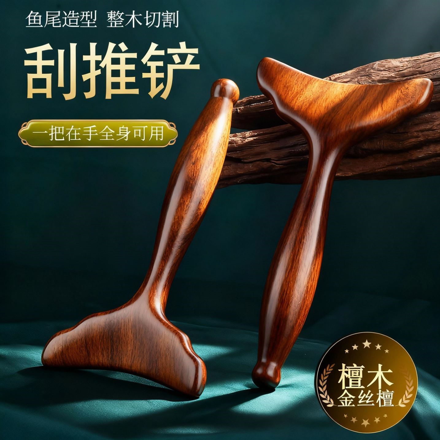檀木鱼尾刮痧铲颈部刮脖子腿部背部颈椎按摩工具足底板按摩点穴棒