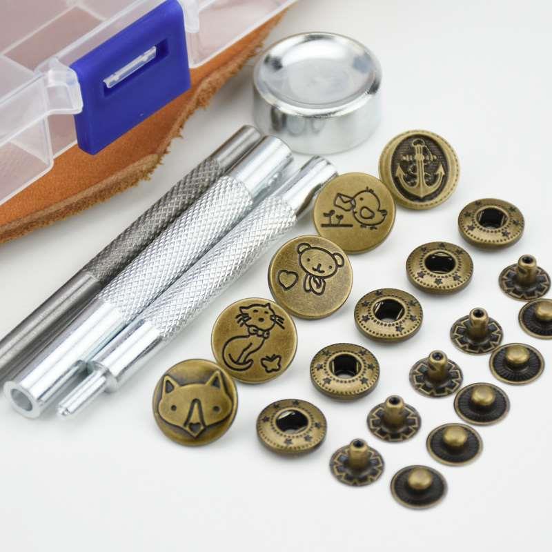 复古四合扣20套+工具暗扣633纽扣金属古铜色小猫鸟熊船锚扣面15mm