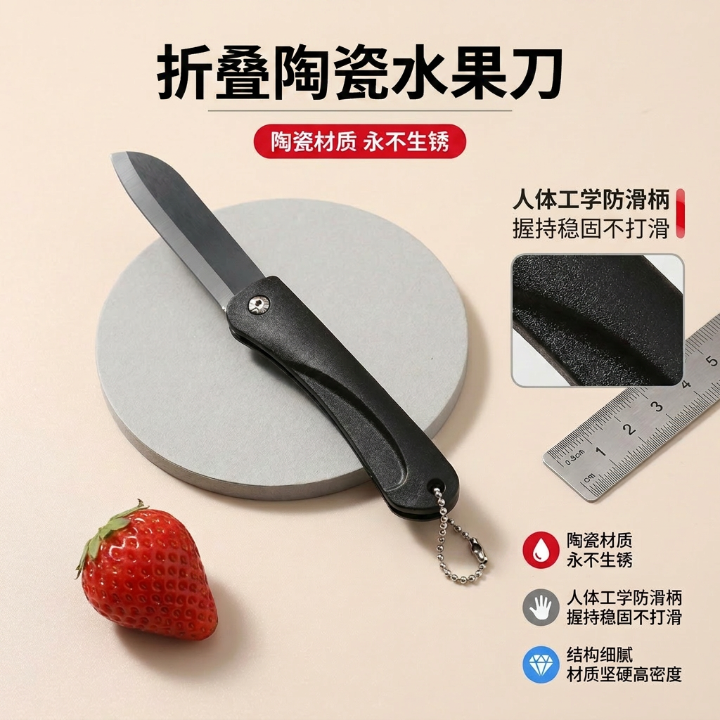 高品质加厚折叠水果刀便携切苹果折刀厨房家用锋利陶瓷小刀剪刀