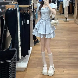 乐活屋恋娃娃领连衣裙女小个子夏季在逃公主蛋糕裙收腰仙女蓬蓬裙