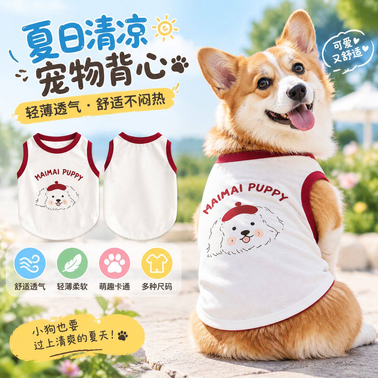 巴哥柯基法斗中型犬夏季新款宠物狗狗薄款透气可爱卡通背心