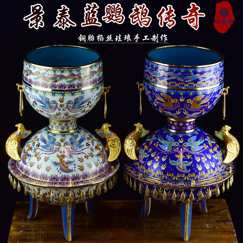 霍铁辉景泰蓝花瓶15寸《鹦鹉传奇》纯手工紫铜胎掐丝珐琅客厅摆件