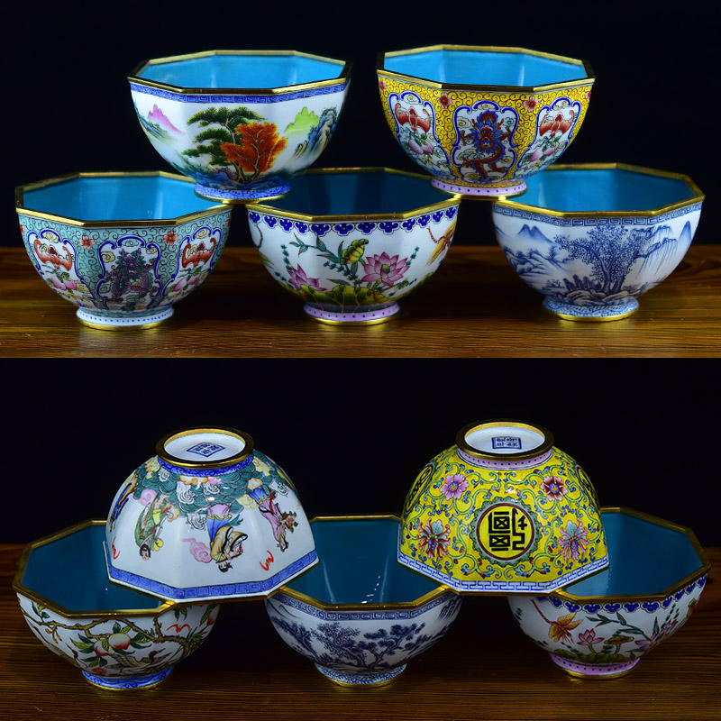 北京珐琅彩纯手工景泰蓝八角碗龙凤呈祥寿桃贺寿礼博古架全铜摆件