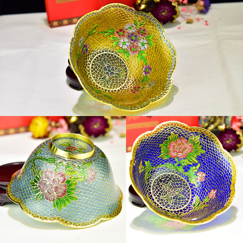 中景泰北京珐琅景泰蓝花口碗纯手工掐丝工艺脱胎透明蓝碗糖果供碗