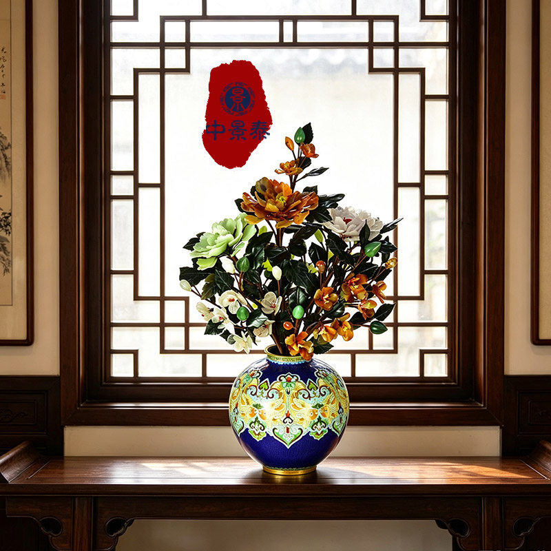 老北京景泰蓝双鱼瓶玉石盆景长寿富贵乔迁开业周年庆生日结婚礼品