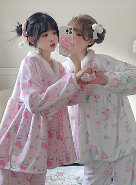 原创新2022冬双面法兰绒睡衣韩版可爱少女甜品小熊家居服保暖套装
