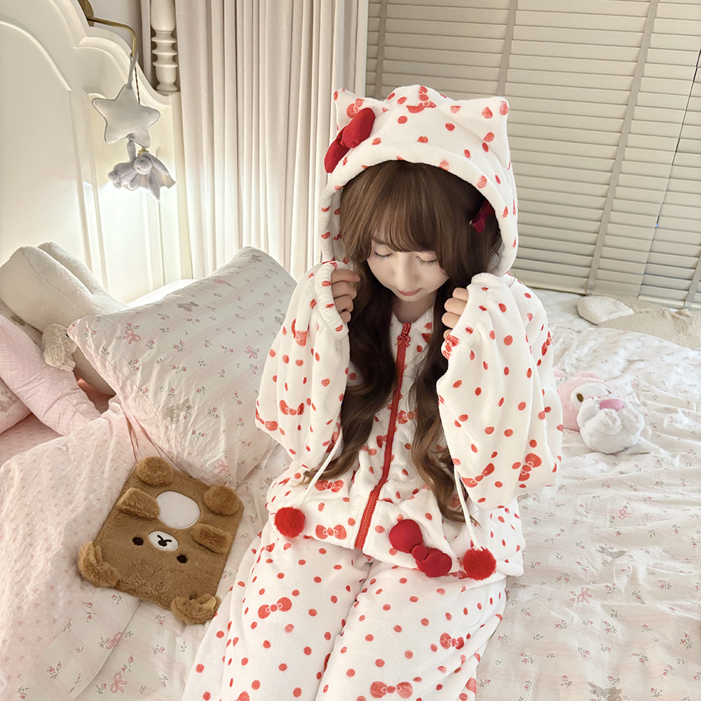 米栗原创可爱波点蝴蝶结连帽拉链毛绒可外穿猫耳毛球睡衣家居服