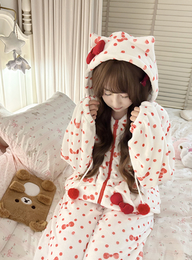 米栗原创可爱波点蝴蝶结连帽拉链毛绒可外穿猫耳毛球睡衣家居服