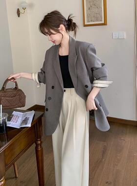实拍灰色宽松显瘦西装女2026春季新款高品质袖口设计感复古外套女