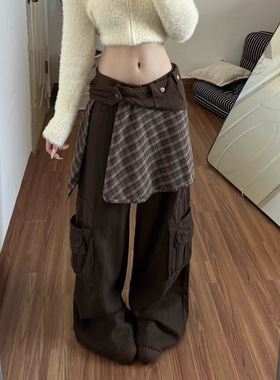 美拉德屁帘工装牛仔裤裤子女款2026春季新款宽松咖色阔腿裤直筒裤
