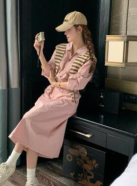实拍粉色甜美减龄工装披肩衬衫长裙春新款温柔休闲polo领连衣裙