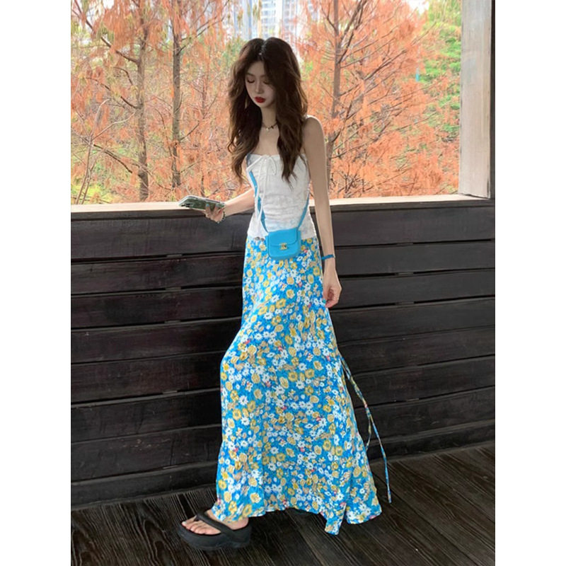 蓝色碎花半身裙女包臀长裙小个子多巴胺掐腰裙夏日绝美小裙子海边