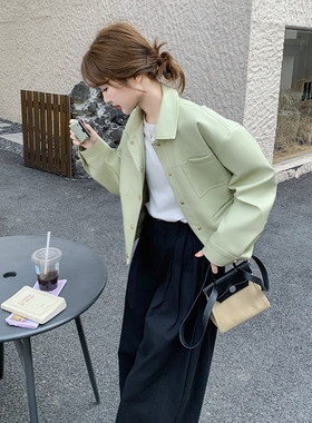 实拍超好看薄荷奶绿时髦小皮衣女2026春新款小个子炸街机车夹克