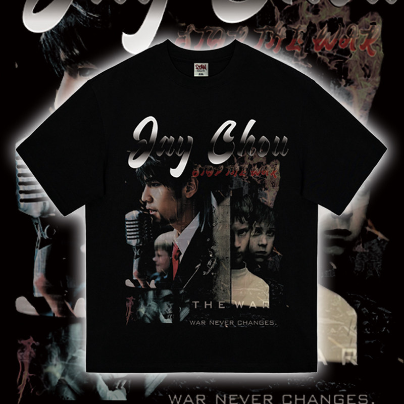 止战之殇印花周杰伦宽松T恤JAY圆领纯棉重磅短袖vintage复古Tee